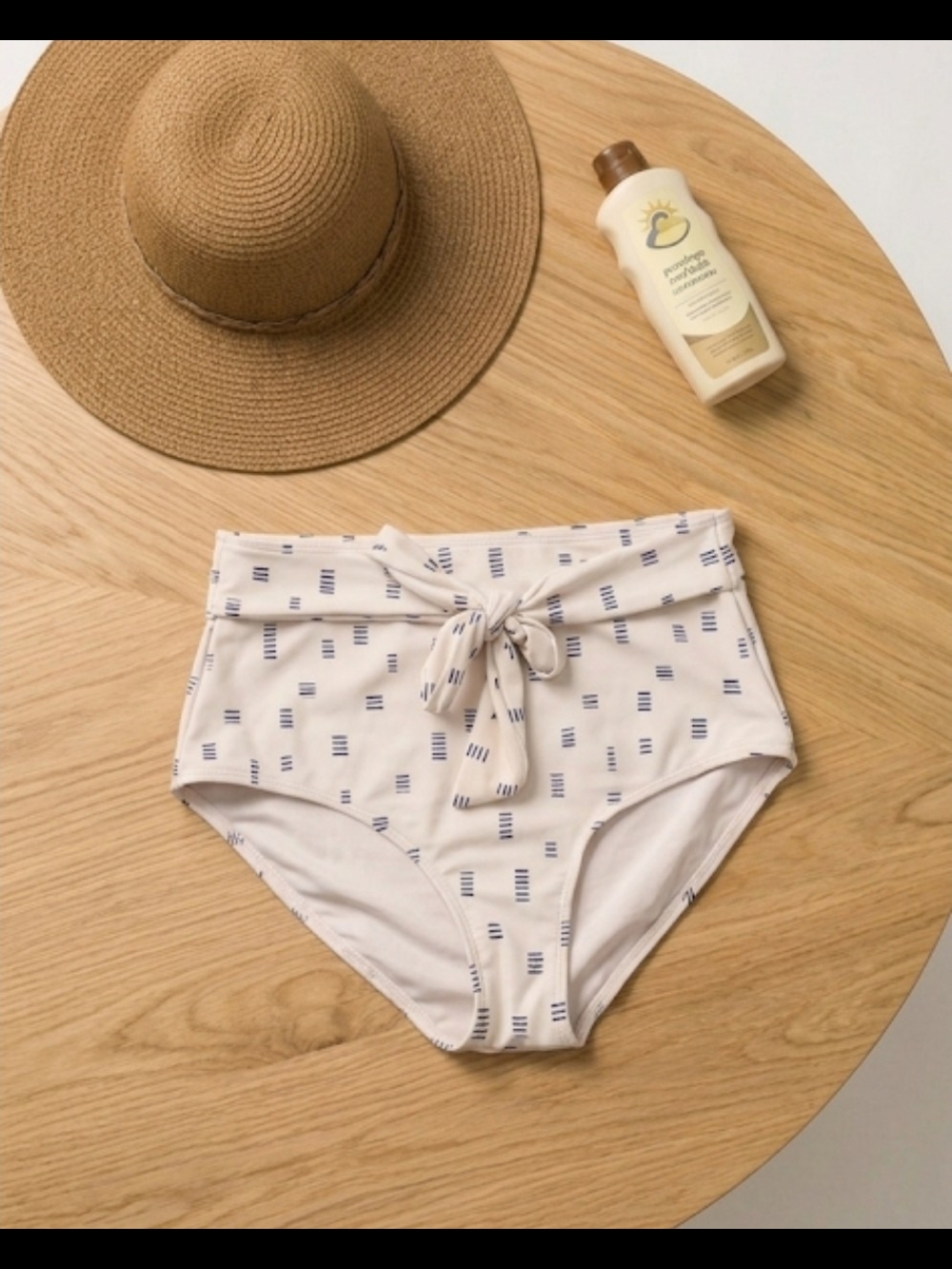 High-Waist Tie Bikini Bottom - White with Navy Stripe Print